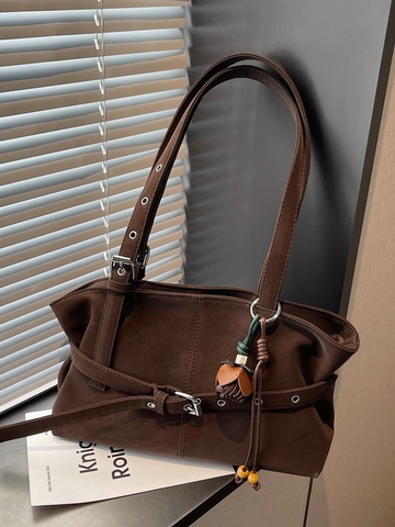 Borsa a Tracolla Grande in Ecopelle Scamosciata PU per Donna Borsa Tote Sottobraccio Vintage con Cinturino Regolabile e Pendente