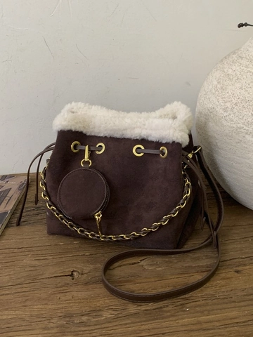 Retro Damen PU Leder Eimertasche Plüschbesatz Monogramm Geprägte Umhängetasche Goldkette Tote Handtasche Mit Rundem Beutel