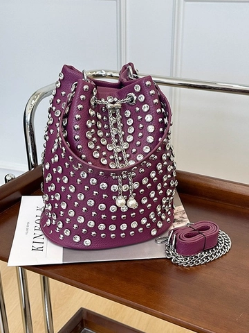 Borsa a Secchiello con Borchie da Donna Moda in Pelle PU Borsa a Tracolla con Strass Ciondolo di Perle Artificiali Catena Elegante