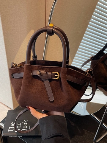 Borsa a Mano Vintage in Pelle PU da Donna a Tracolla in Texture Scamosciata Retro Con Fibbia per Cintura Borsa Tote per Pendolari