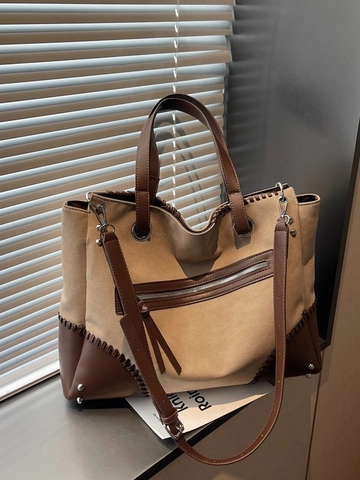 Borsa Tote in Pelle PU di Grande Capacità Vintage per Donna Borsa a Tracolla Patchwork Con Cuciture Intrecciate e Tracolla Rimovibile Borsa a Mano Quotidiana