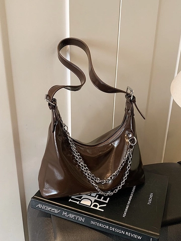 Damen Vintage Glänzende PU Leder Achseltasche Minimalistische Hobo Schultertasche Mit Silberner Kette Office Daily Handtasche