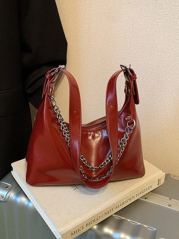 Damen Vintage Glänzende PU Leder Achseltasche Minimalistische Hobo Schultertasche Mit Silberner Kette Office Daily Handtasche