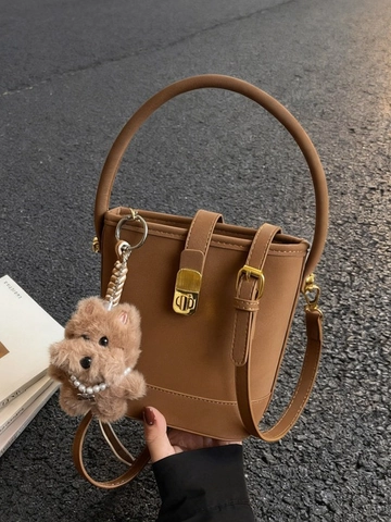Women Retro PU Leather Bucket Bag Simple Solid Color Handbag With Plush Dog Charm Adjustable Shoulder Strap For Daily Daily
