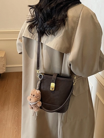 Women Retro PU Leather Bucket Bag Simple Solid Color Handbag With Plush Dog Charm Adjustable Shoulder Strap For Daily Daily