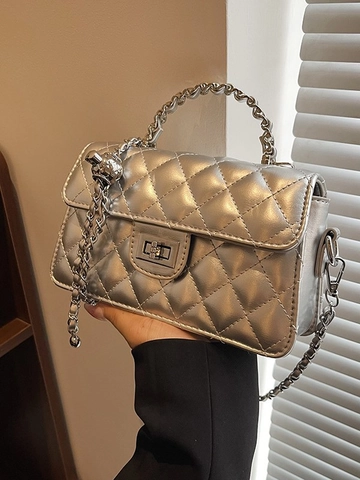 Women Quilted Chain Shoulder Bag Fashion PU Leather Crossbody Bag With Metal Lock Top Handle Street Trend Square Purse