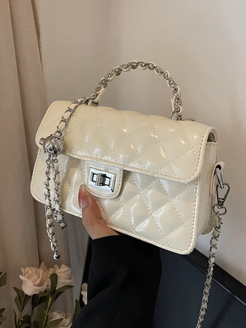 Women Quilted Chain Shoulder Bag Fashion PU Leather Crossbody Bag With Metal Lock Top Handle Street Trend Square Purse