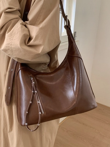Borsa a Tracolla in Pelle PU a Grande Capacità per Donna Vintage Hobo Tote Bag Retro Minimalista Pendolare con Tasca a Cerniera