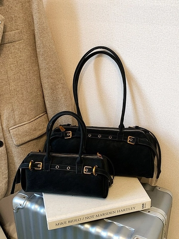 Women Retro PU Leather Frosted Shoulder Bag Large Capacity Boston Bowling Bag Fashion Commuter Handbag Solid Color Bag