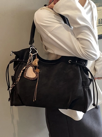 Borsa Tote Retro a Grande Capacità per Donna Pelle PU Borsa a Spalla con Coulisse Ciondolo a Cuore Stampa Leopardata Pendolare