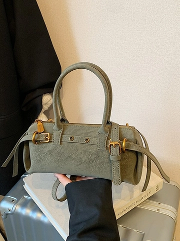 Women Retro PU Leather Frosted Shoulder Bag Large Capacity Boston Bowling Bag Fashion Commuter Handbag Solid Color Bag