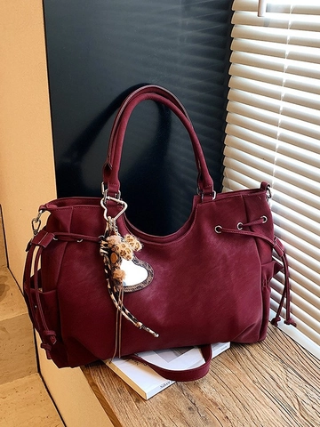 Borsa Tote Retro a Grande Capacità per Donna Pelle PU Borsa a Spalla con Coulisse Ciondolo a Cuore Stampa Leopardata Pendolare
