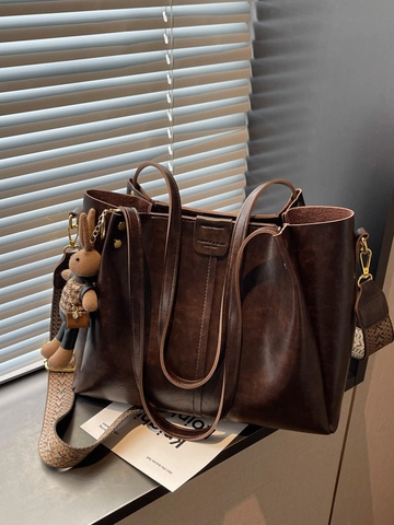 Retro Tote Bag Mit Großer Kapazität Für Damen Mode PU Leder Schultertasche Mit Ethno Breitgurt College Student Alltagstasche