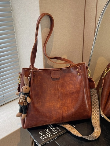 Retro Tote Bag Mit Großer Kapazität Für Damen Mode PU Leder Schultertasche Mit Ethno Breitgurt College Student Alltagstasche