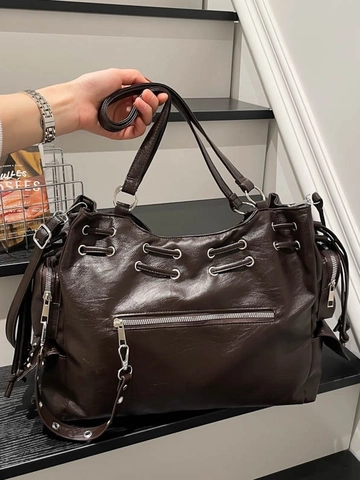 Vintage Grote Capaciteit PU Leer Schoudertas Voor Vrouwen Multi Pocket Tote Bag Met Klinknagels Trekkoord Mode Forenzentas