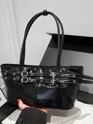 Y2K Lackleder Achseltasche Für Damen Vintage Punk Schultertasche Mit Doppelter Gürtelschnalle Metallösen Große Kapazität Pendler Tote Bag
