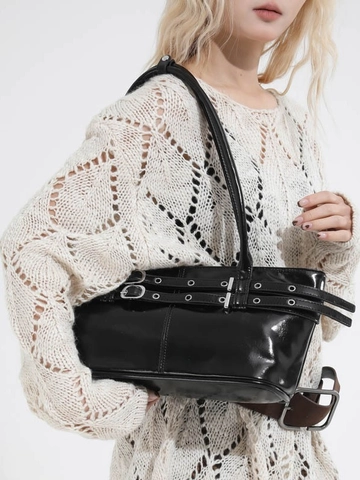 Y2K Lackleder Achseltasche Für Damen Vintage Punk Schultertasche Mit Doppelter Gürtelschnalle Metallösen Große Kapazität Pendler Tote Bag