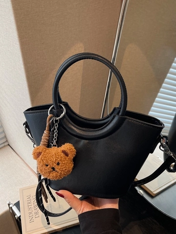 Borsa a Mano da Donna in Pelle PU Con Ciondolo Orsetto e Sciarpa di Raso Borsa a Tracolla a Secchiello Crescent Moda Urbana Versatile