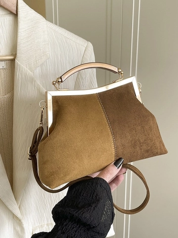 Sac à Épaule Vintage en PU pour Femmes Patchwork de Couleurs Contrastées Sac à Main avec Poignée en Bois Style Rétro