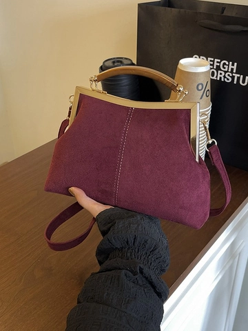 Sac à Épaule Vintage en PU pour Femmes Patchwork de Couleurs Contrastées Sac à Main avec Poignée en Bois Style Rétro