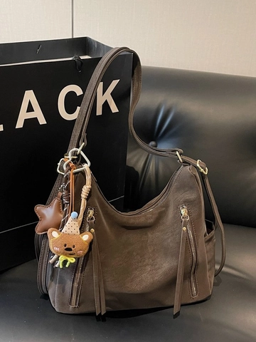 Vintage Large Capacity PU Leather Tote Bag With Tassel And Cute Bear Charm Multi Functional Shoulder Crossbody Hobo Bag