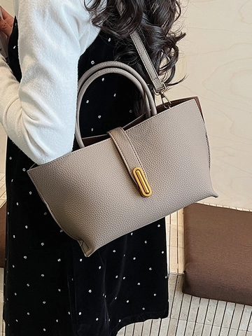 Bolso de Hombro de Cuero PU Vintage Francés Para Mujer Patrón Litchi Bolso de Mano Bandolera Color Sólido Elegante Bolso Tote