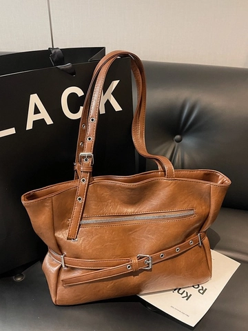 Women Vintage PU Leather Large Capacity Tote Bag Urban Simple Shoulder Bag With Adjustable Belt Buckle Decor For School Work Daily