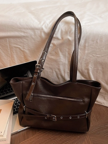 Women Vintage PU Leather Large Capacity Tote Bag Urban Simple Shoulder Bag With Adjustable Belt Buckle Decor For School Work Daily