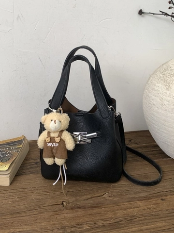 Damen Koreanisch Litschikorn PU Leder Eimertasche Minimalistisch Große Kapazität Pendeln Schulter Umhängetasche Mit Bär Anhänger