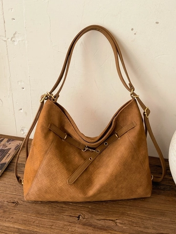 Damen Retro Große Kapazität Gewebte Hobo Schultertasche PU Leder Pendler Tote Bag Mit Verstellbarem Riemen Metallschnalle Handtasche