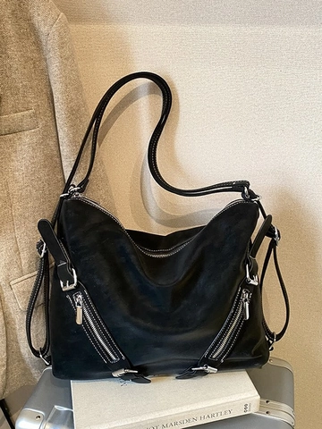 Borsa a Spalla da Donna in Pelle PU di Grande Capacità Vintage Hobo Tote Bag Stile Coreano Pendolare Borsa con Cerniera