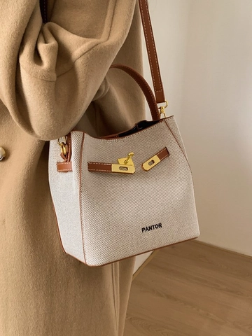 Women Retro PU Leather Bucket Bag Contrast Color Stitching Handbag Fashion Commuter Shoulder Bag Crossbody Bag With Metal Lock
