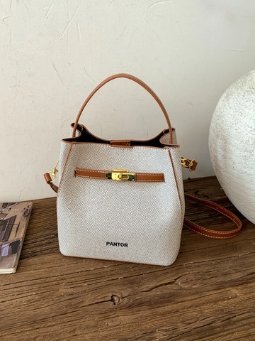 Women Retro PU Leather Bucket Bag Contrast Color Stitching Handbag Fashion Commuter Shoulder Bag Crossbody Bag With Metal Lock