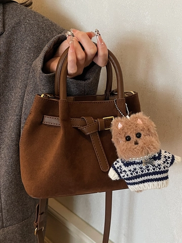Bolso Bombonera Vintage de Cuero PU de Gamuza para Mujer Bolso de Hombro Retro Estilo Coreano Con Colgante de Oso de Peluche Bolso Casual