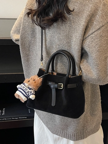 Bolso Bombonera Vintage de Cuero PU de Gamuza para Mujer Bolso de Hombro Retro Estilo Coreano Con Colgante de Oso de Peluche Bolso Casual