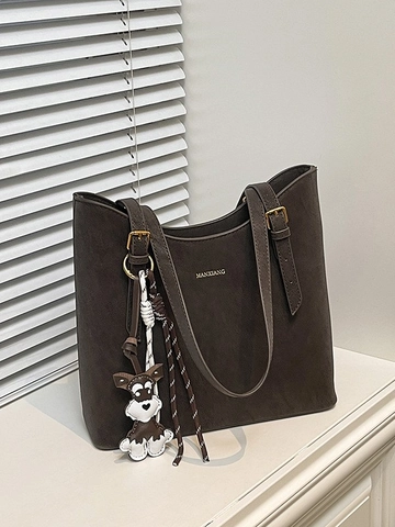 Sac Cabas de Grande Capacité en Cuir PU Vintage pour Femmes Sac à Bandoulière Chic pour Trajet Travail Avec Pendentif