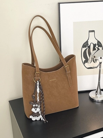 Sac Cabas de Grande Capacité en Cuir PU Vintage pour Femmes Sac à Bandoulière Chic pour Trajet Travail Avec Pendentif