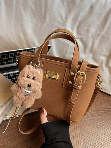 Vintage PU Leather Tote Bag For Women Korean Style Bucket Handbag With Cute Plush Dog Pendant Daily Commute Shoulder Crossbody Bag