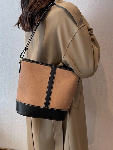 Mode Femmes Sac Seau en Cuir PU Couleur Contrastée Sac à Bandoulière Épissé Grande Capacité Sac à Main Décontracté