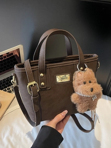 Vintage PU Leather Tote Bag For Women Korean Style Bucket Handbag With Cute Plush Dog Pendant Daily Commute Shoulder Crossbody Bag