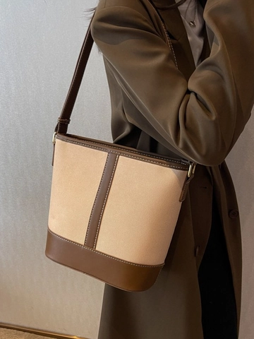 Mode Femmes Sac Seau en Cuir PU Couleur Contrastée Sac à Bandoulière Épissé Grande Capacité Sac à Main Décontracté