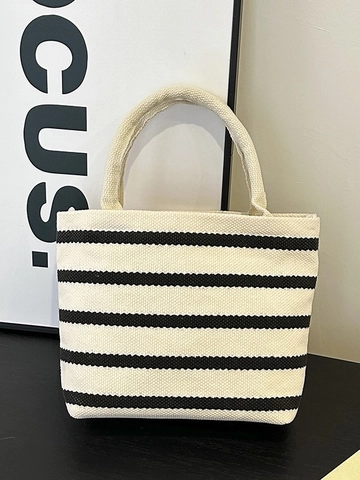 Minimalist Striped Canvas Tote Bag For Women Contrast Color Composite Fabric Handbag Fashion Square Small Shoulder Bag For Daily Use