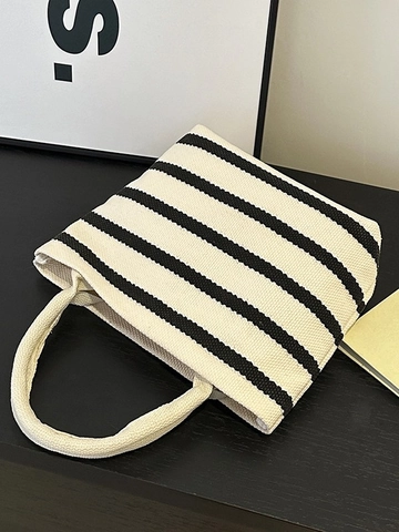 Minimalist Striped Canvas Tote Bag For Women Contrast Color Composite Fabric Handbag Fashion Square Small Shoulder Bag For Daily Use