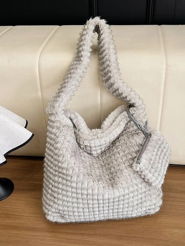 Grand Sac Fourre-Tout en Peluche Avec Pochette Fausse Fourrure Souple Sac à Épaule Plissé Motif Damier Sac à Main Femme