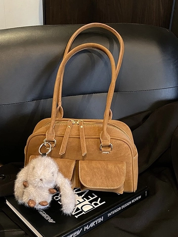 Borsa a Spalla Boston Vintage in Pelle PU da Donna Con Ciondolo a Coniglio in Peluche Borsa a Mano Bowling Retro con Cuciture