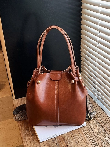 Borsa a Secchiello in Pelle PU Vintage per Donna Con Tracolla Larga Geometrica Grande Capacità Borsa a Tracolla Pendolare Quotidiana