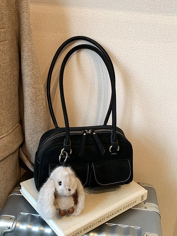 Borsa a Spalla Boston Vintage in Pelle PU da Donna Con Ciondolo a Coniglio in Peluche Borsa a Mano Bowling Retro con Cuciture