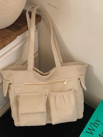 Women Retro Corduroy Tote Bag Large Capacity Multi-Pocket Shoulder Bag Casual Minimalist Winter Solid Color Handbag