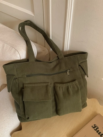 Women Retro Corduroy Tote Bag Large Capacity Multi-Pocket Shoulder Bag Casual Minimalist Winter Solid Color Handbag