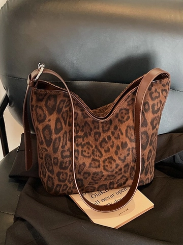 Damen Retro PU Wildleder Eimertasche Große Kapazität Leopardenmuster Schultertasche Matte Hobo Bag Für Alltag